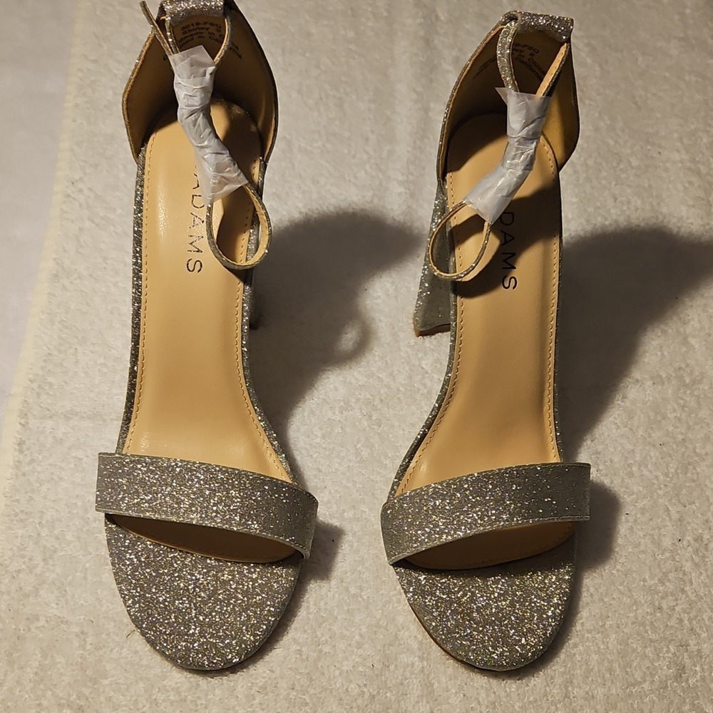 J. Adams Silver Glitter Strappy Block Heel Ankle Strap Open Toe Buckle 9